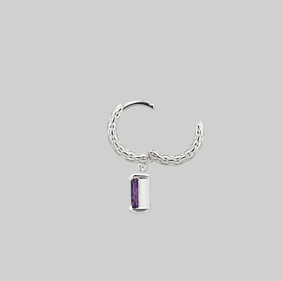NYMPH. Dangly Amethyst Rectangle Hoop Earrings - Silver snake texture silver hoop earring
