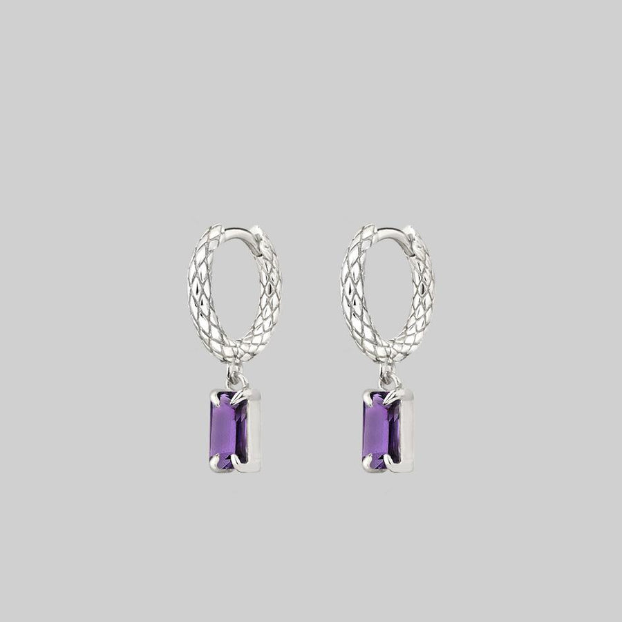 NYMPH. Dangly Amethyst Rectangle Hoop Earrings - Silver snake skin hoop earrings with amethyst
