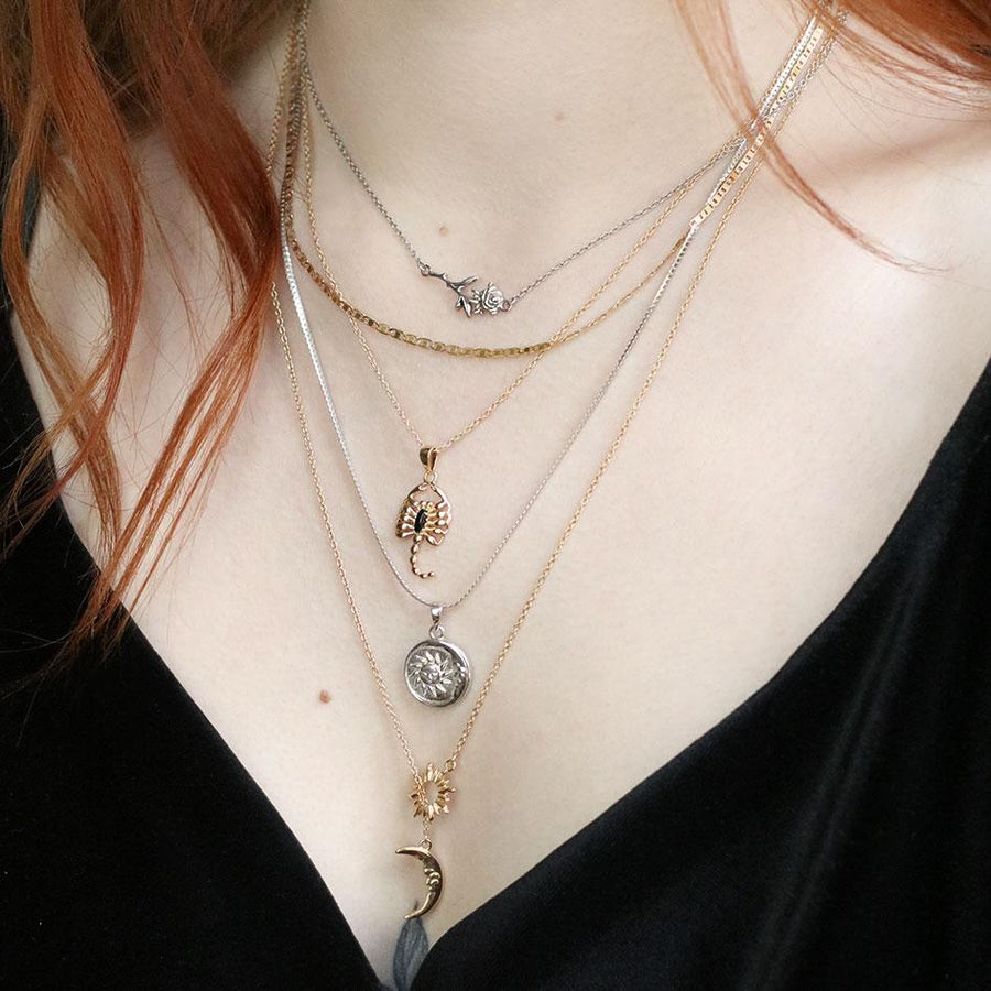 SOLSTICE. Sun & Moon Lariat Necklace - Silver mixed metal layering necklaces