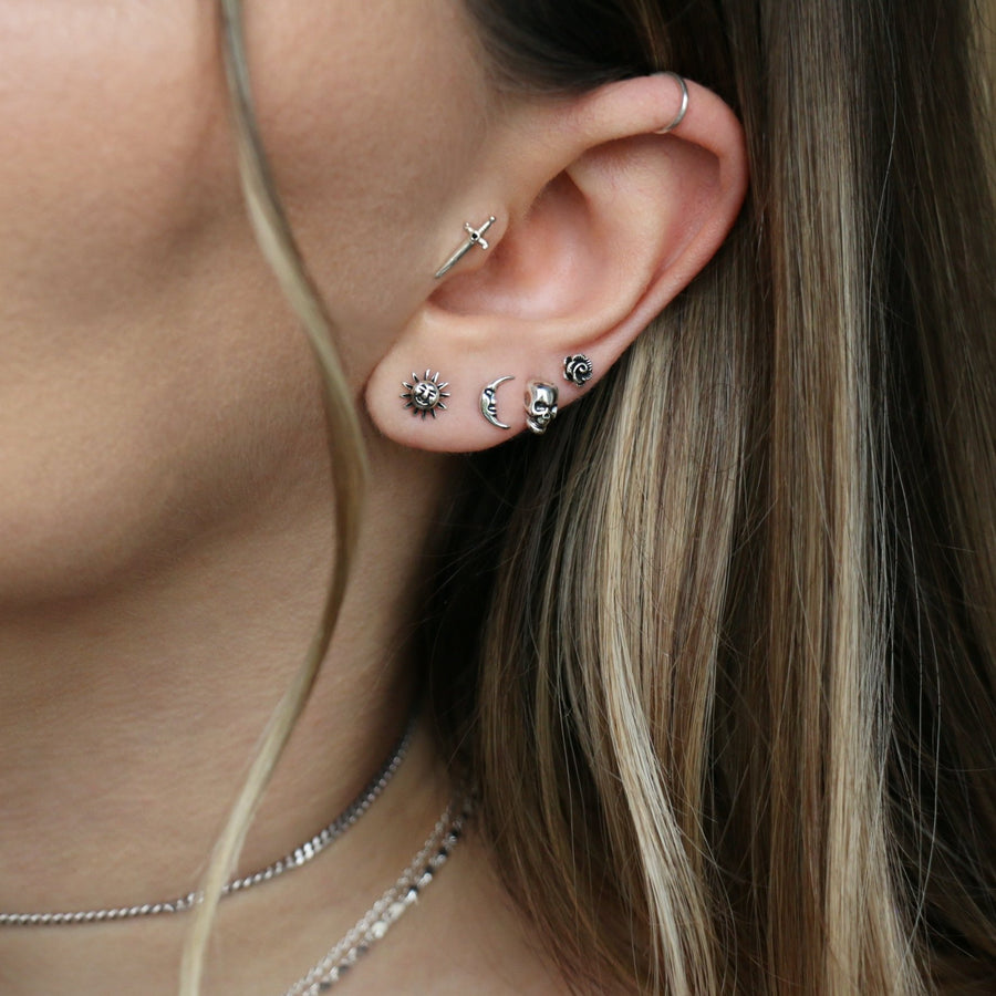 LIFE & DEATH. Tiny Sterling Silver Skull & Rose Studs gothic skull and rose stud earrings