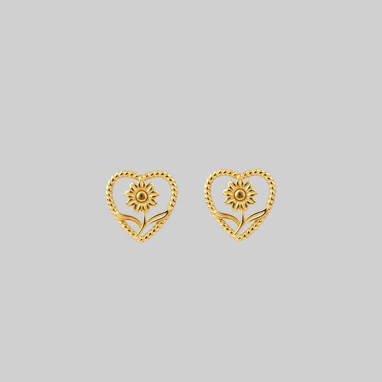 APRIL. Sunflower Heart Stud Earrings - Gold