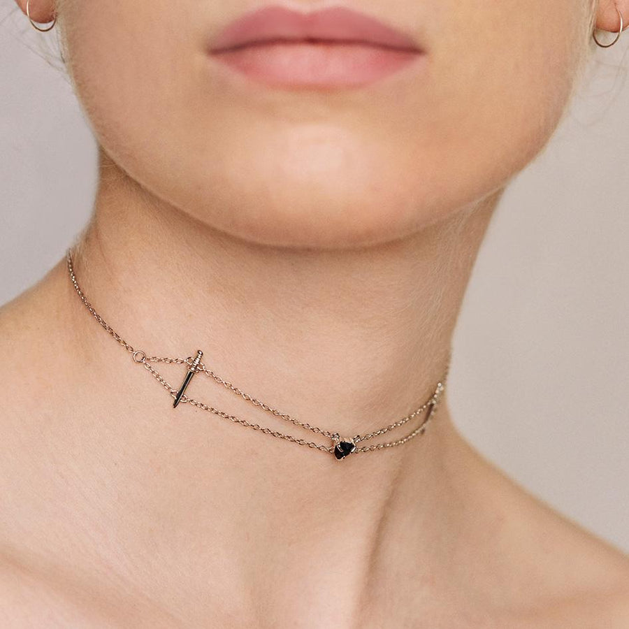 VINDICATE. Swords & Onyx Heart Choker - Gold black heart choker necklace