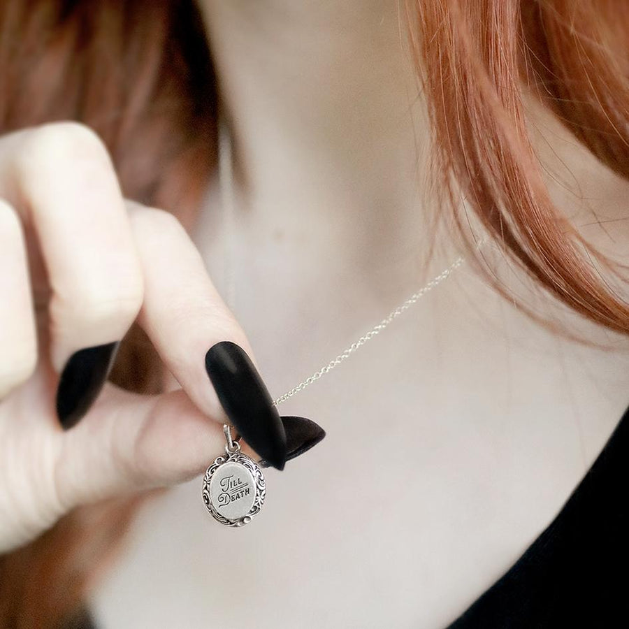 TILL DEATH. Promise Medallion Pendant Necklace gothic engraved pendant sterling silver necklace