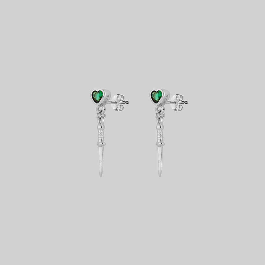 REIGN. Green Heart & Dagger Drop Earrings - Silver tiny dagger heart silver stud earrings