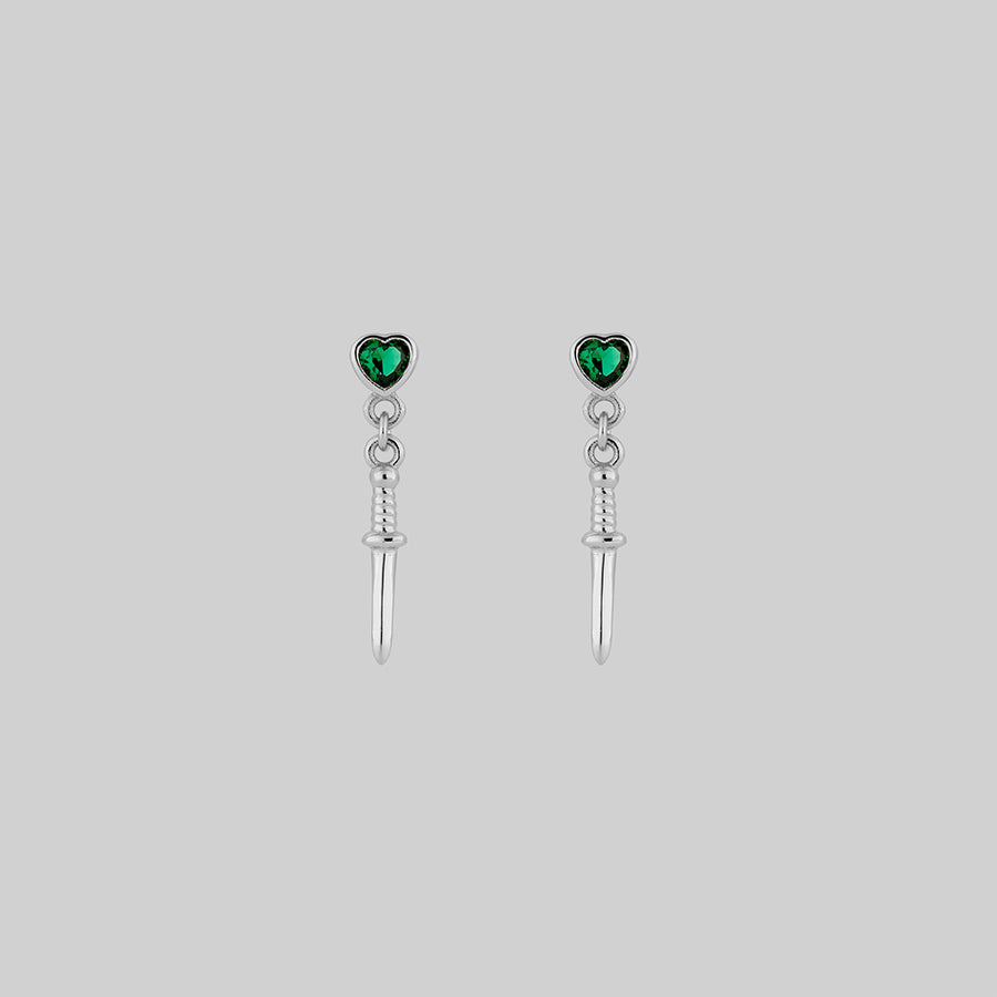 REIGN. Green Heart & Dagger Drop Earrings - Silver