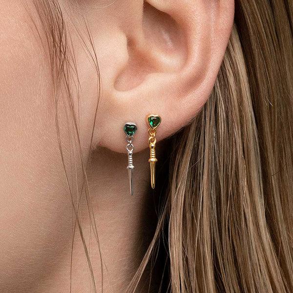 REIGN. Green Heart Dagger Drop Earrings Gold