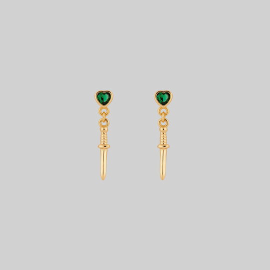 REIGN. Green Heart & Dagger Drop Earrings - Gold