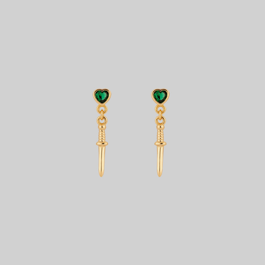 REIGN. Green Heart & Dagger Drop Earrings - Gold