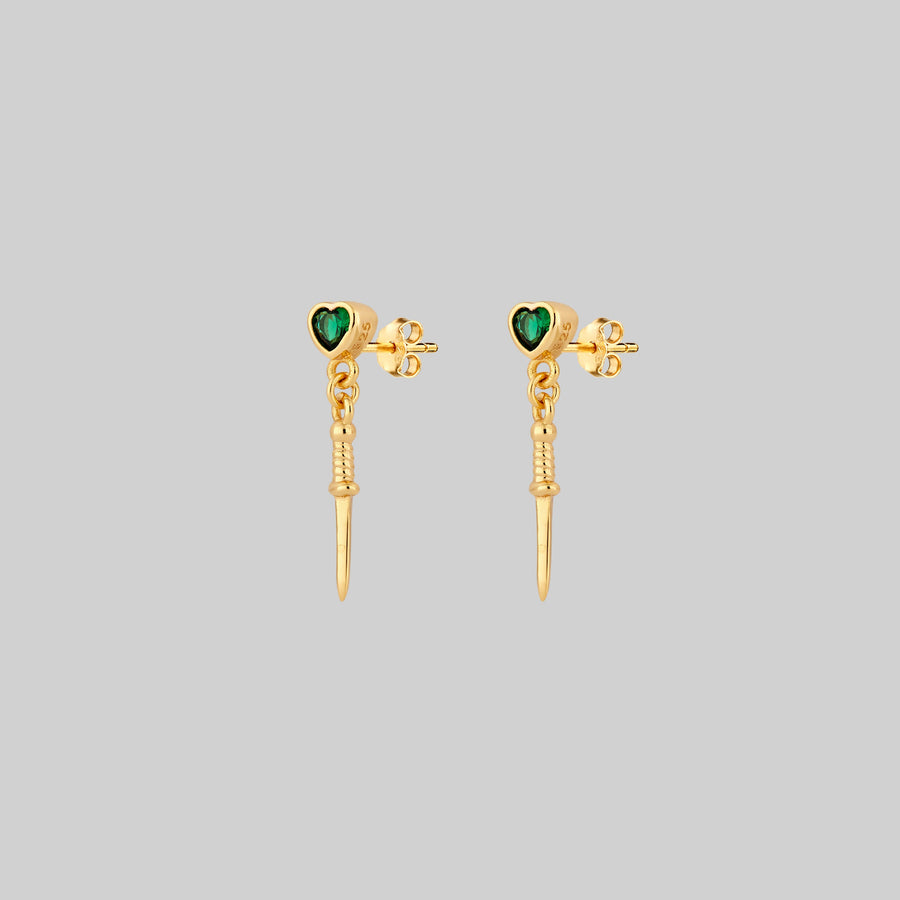 REIGN. Green Heart & Dagger Drop Earrings - Gold tiny dagger heart studs