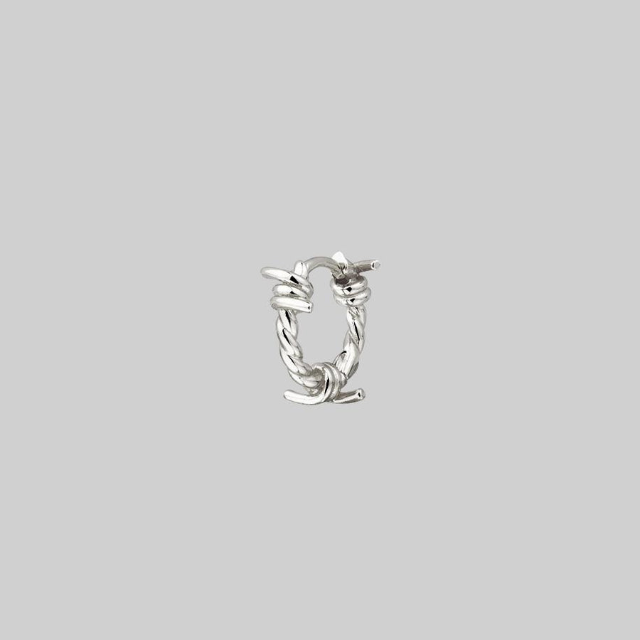 SURVIVAL. Symbolic Barbed Wire Clicker Hoop Earrings - Silver twisted barbed wire hoop earring