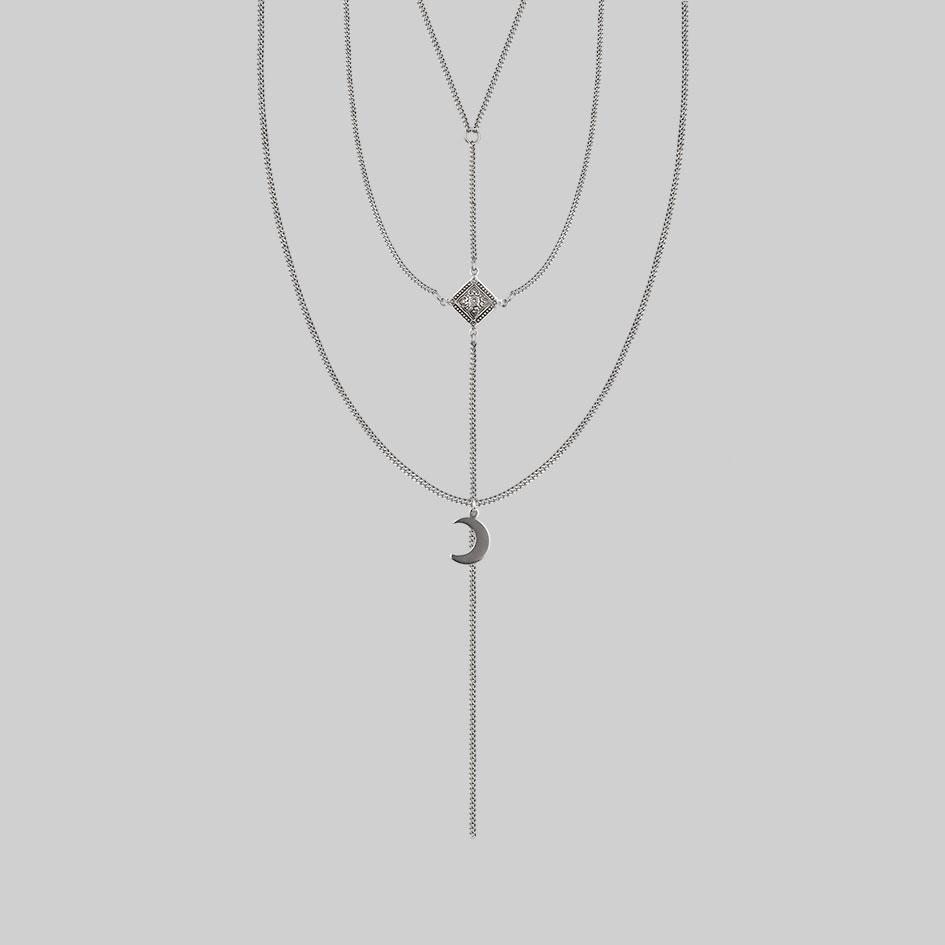 silver triple layer long necklace