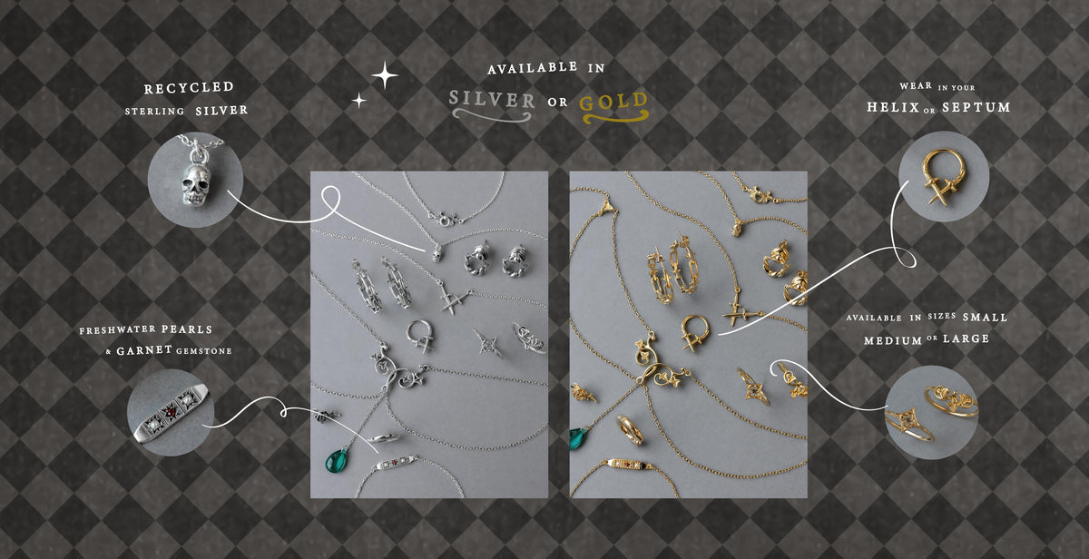 Silver and gold Regalrose jewellery including a skull pendant, dagger hoop and rings. Available in silver or gold. Recycled sterling silver. Freshwater pearls and garnet gemstone. Wear in your helix or septum. Available in sizes small, medium or large