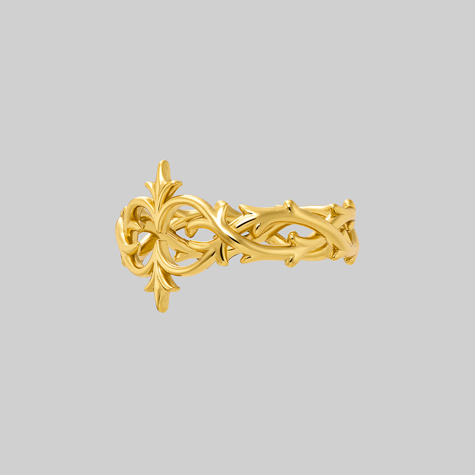Angled view of Alianor gold plated ring showing thorned vine band