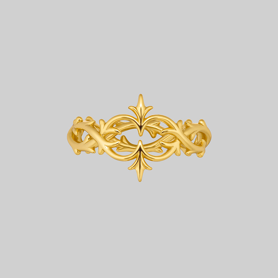 Alianor 18k gold plated silver heraldic lily interlace ring, front view