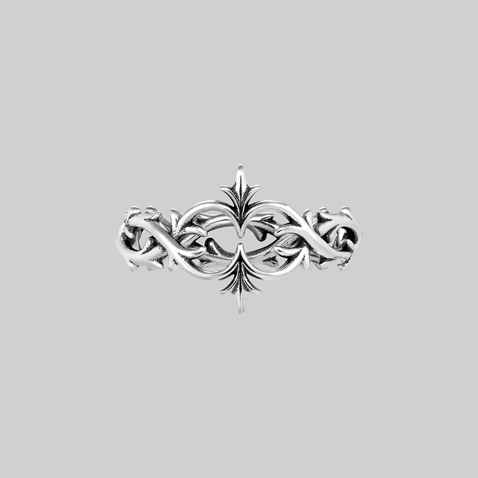 Alianor sterling silver heraldic lily interlace ring, front view