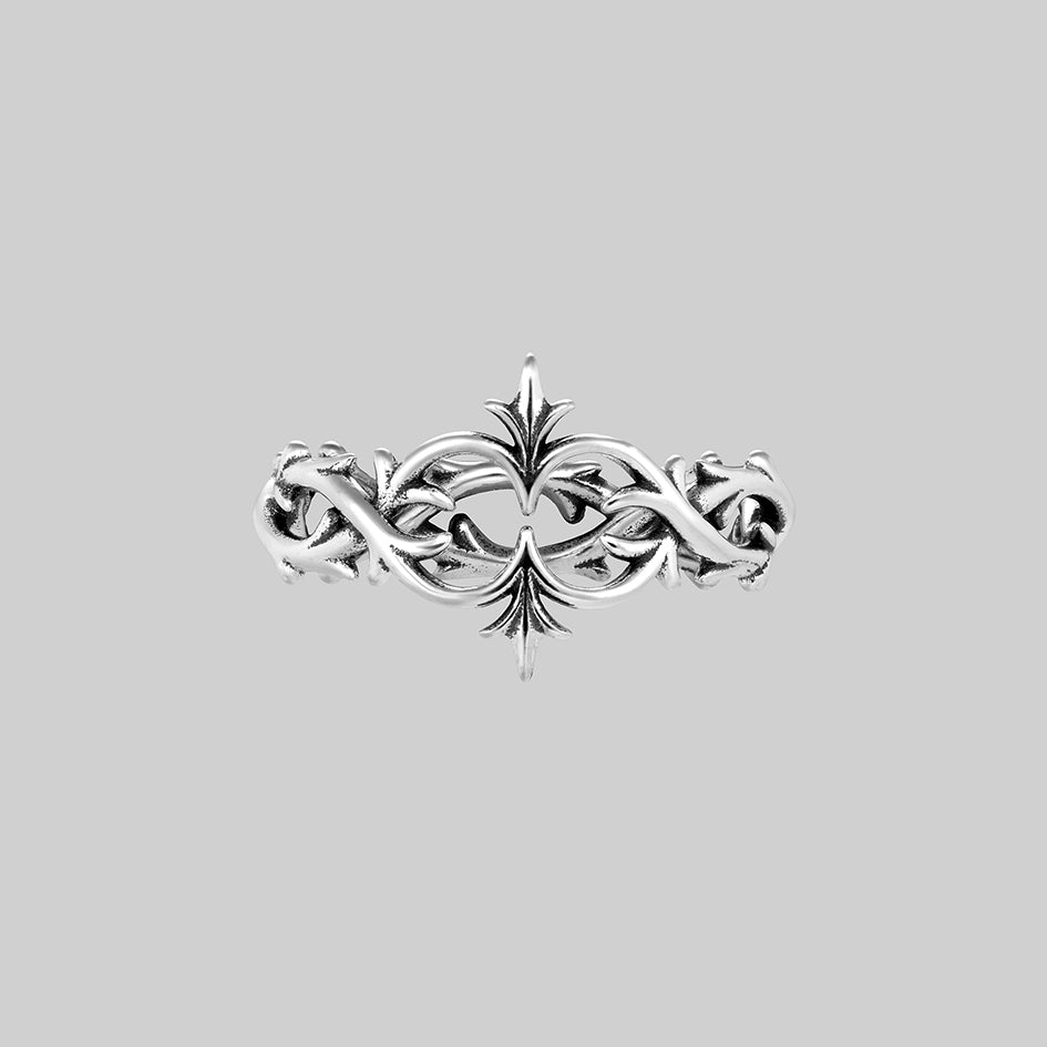 Alianor sterling silver heraldic lily interlace ring, front view