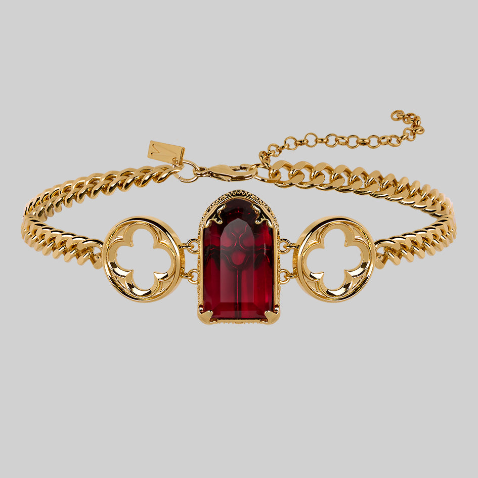 18k gold gothic cathedral window crimson glass choker