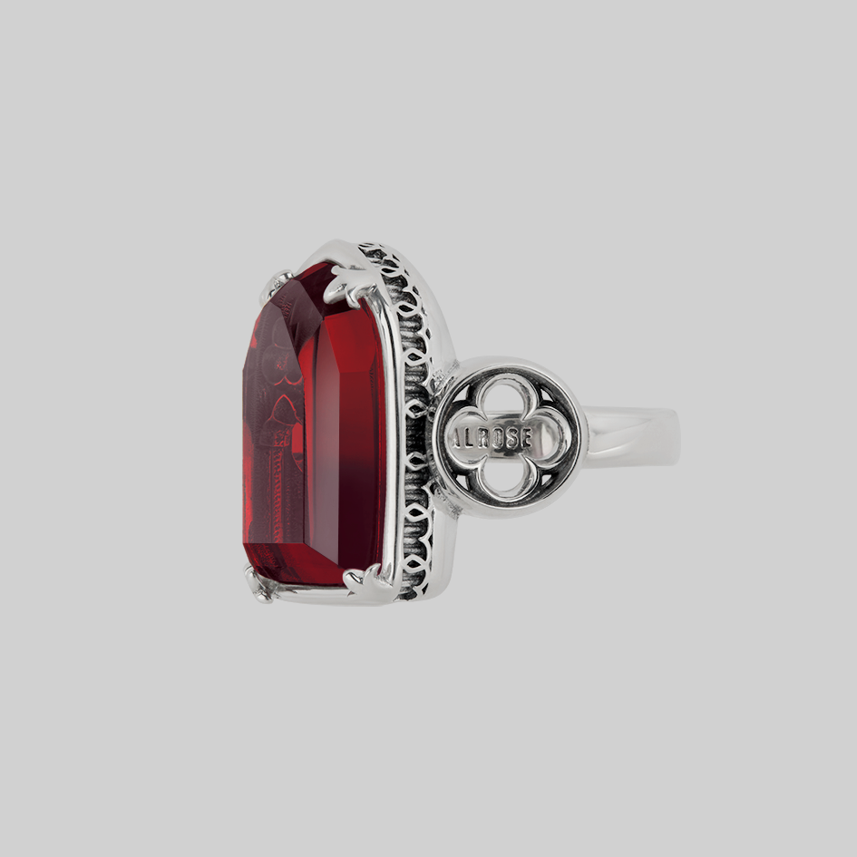 silver gothic arch cathedral window red glass ring 