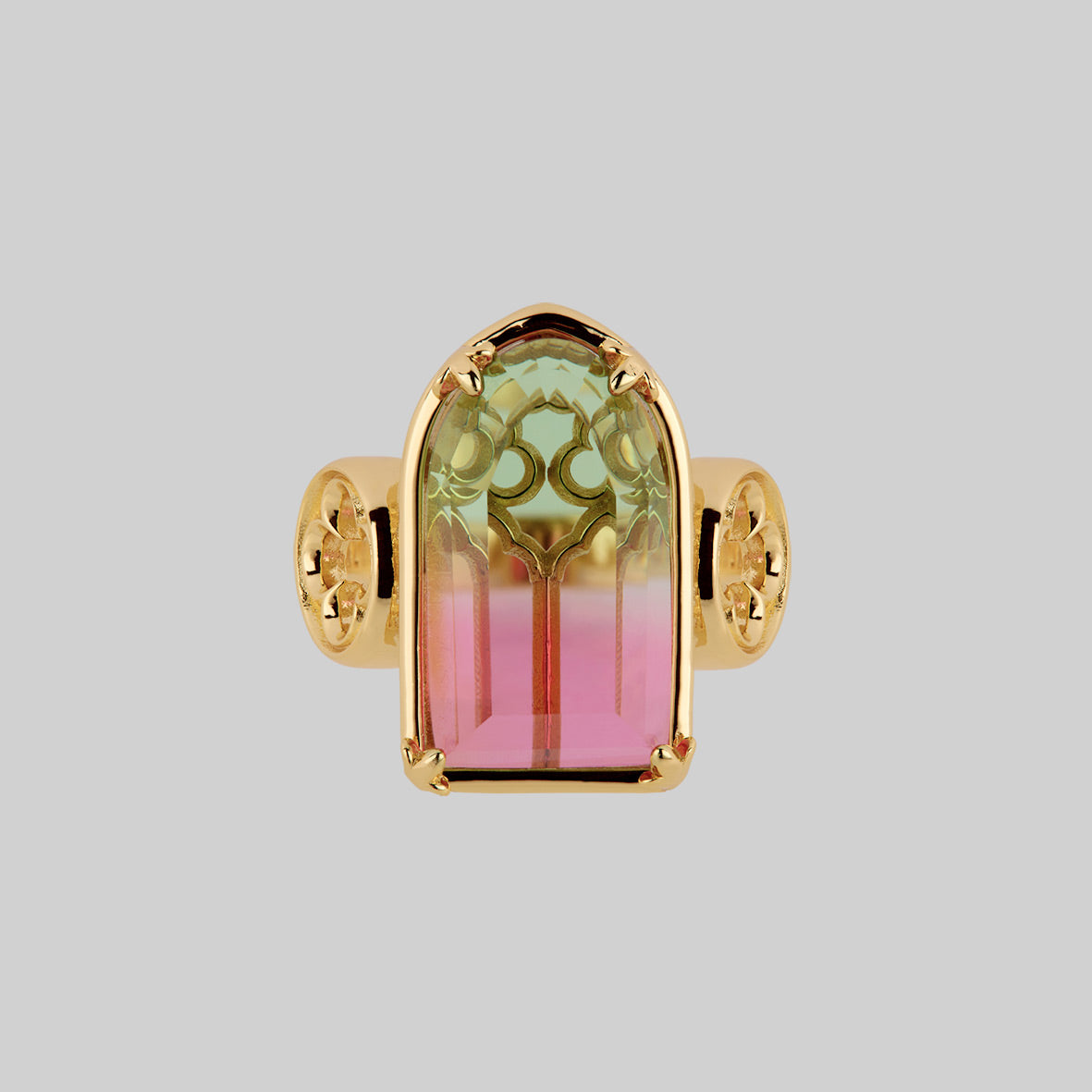 gothic cathedral window green pink tourmaline glass ring gold arch ombré