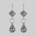 gothic teardrop antique silver hoop earrings filigree
