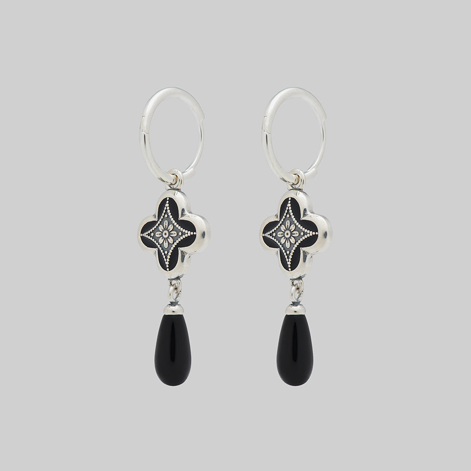 silver gothic black drop hoop earrings