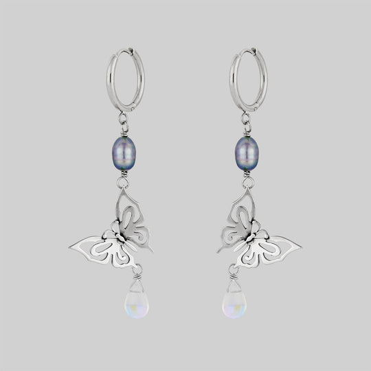 ANTHEIA. Iridescent Butterfly Droplet Hoop Earrings - Silver
