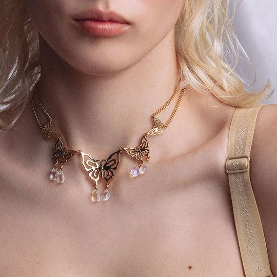 ANTHEIA. Iridescent Butterfly Droplet Necklace - Gold