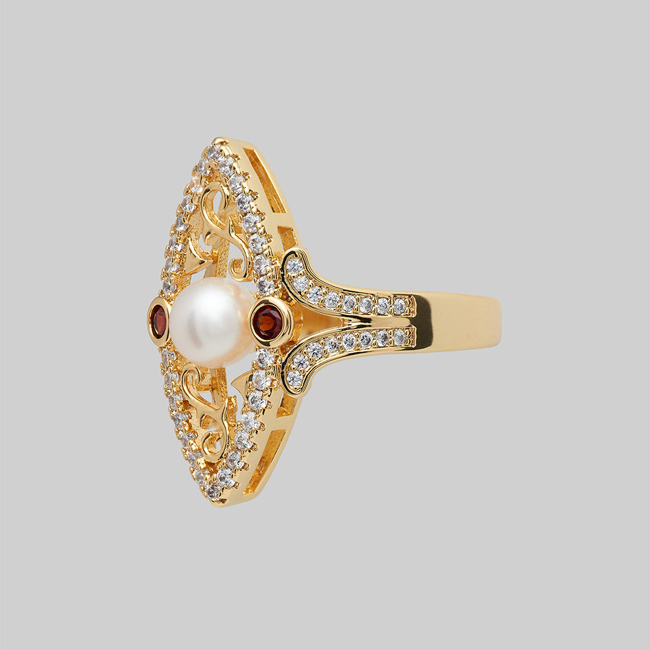 gold pearl vintage style gothic garnet ring