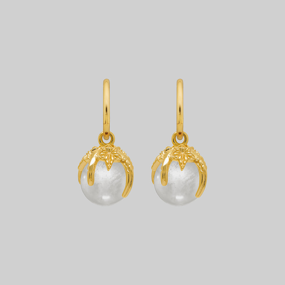 Gold crystal ball hoop earrings, shown as a pair