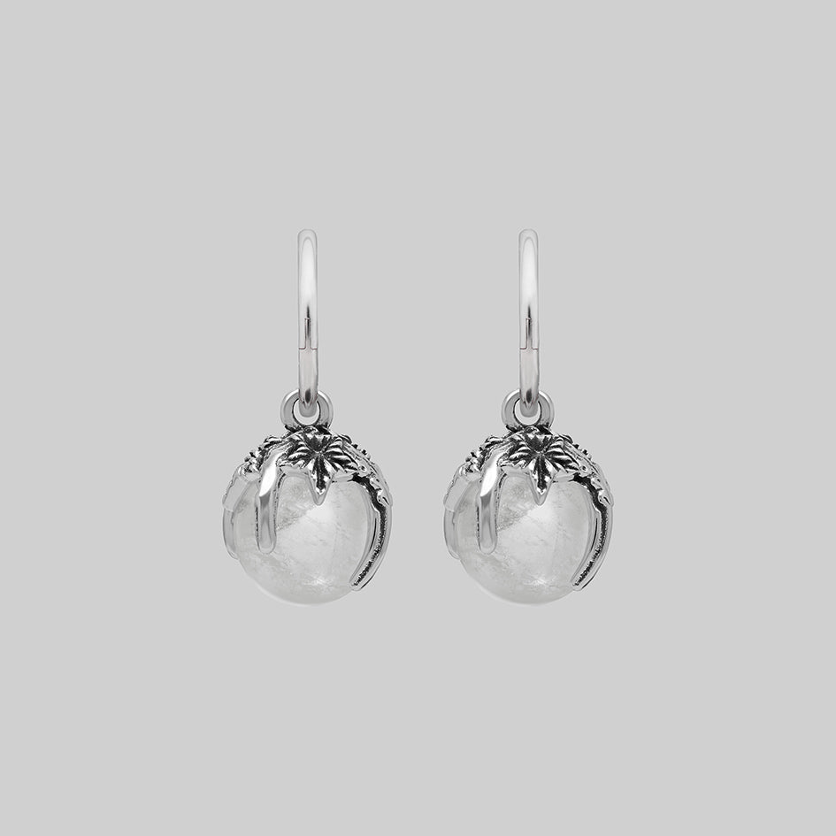 Silver crystal ball hoop earrings, shown as a pair