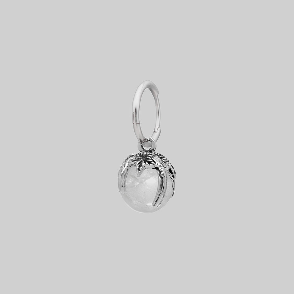 Single silver crystal ball hoop earring, alternative angle