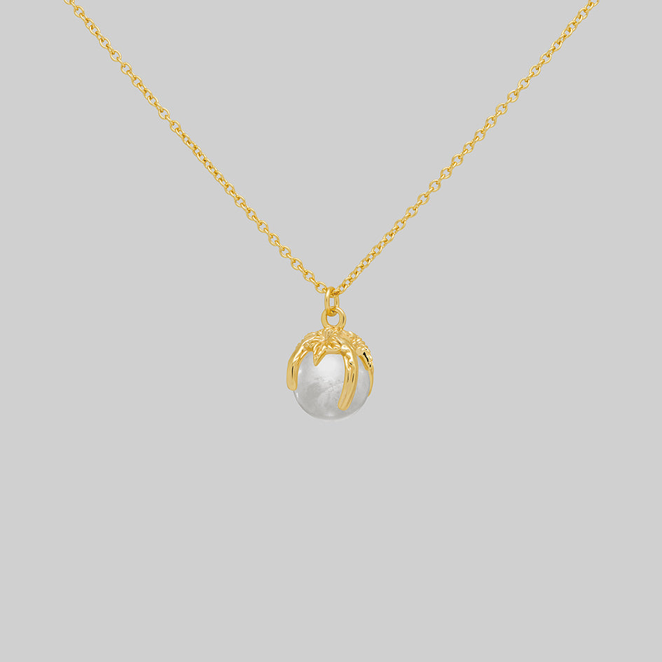 Gold clear quartz crystal ball pendant necklace