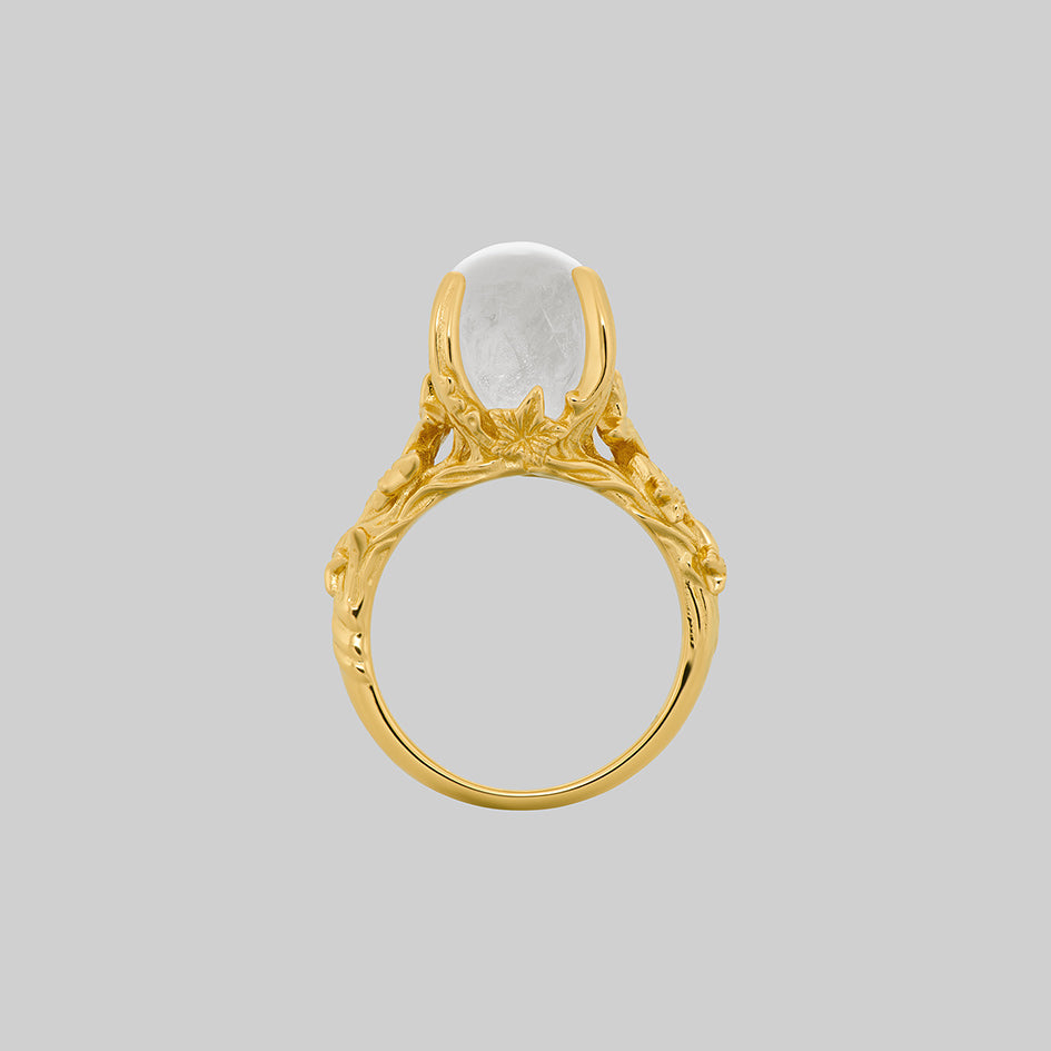 Gold crystal ball ring with ivy band, front view