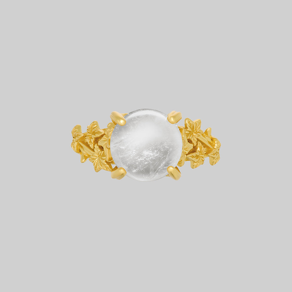 Gold crystal ball ring with ivy band, top view