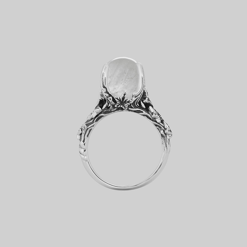 Silver crystal ball ring with ivy band, front view