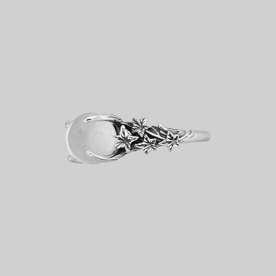 Silver crystal ball ring with ivy band, side view