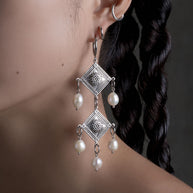 silver pearl drop chandelier hoop earrings