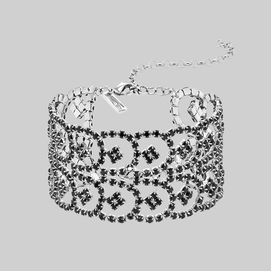 Brenna rhodium plated wide dazzle chain bracelet with black cubic zirconia
