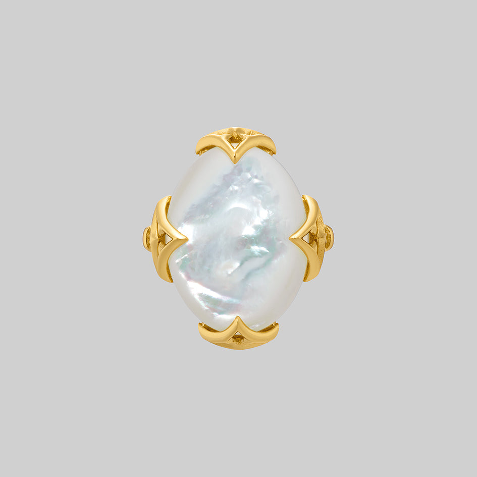 Circinus 18k gold plated silver ring with large oval pearl and gothic shoulders