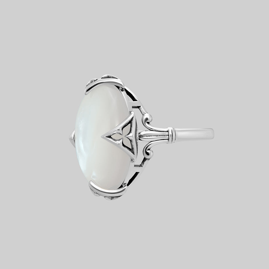 Circinus silver gothic pearl ring, side view