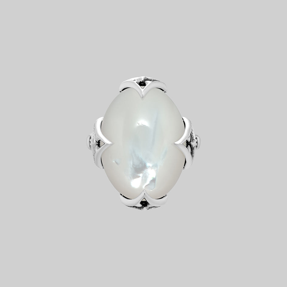 Circinus sterling silver ring with large oval pearl and gothic shoulders