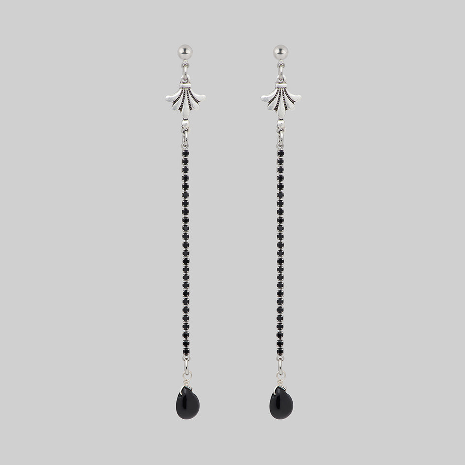 silver black agate gothic long earrings