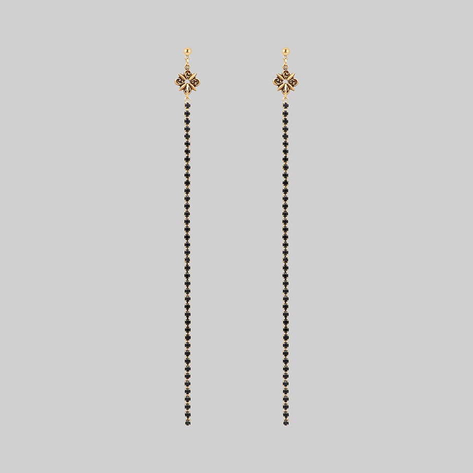 gold black gemstone vintage inspired extra long earrings
