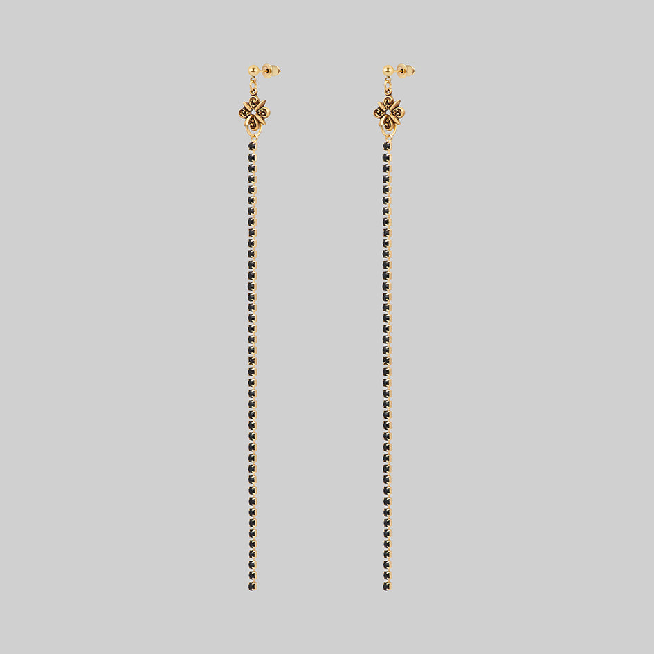 gold black gemstone gothic extra long earrings