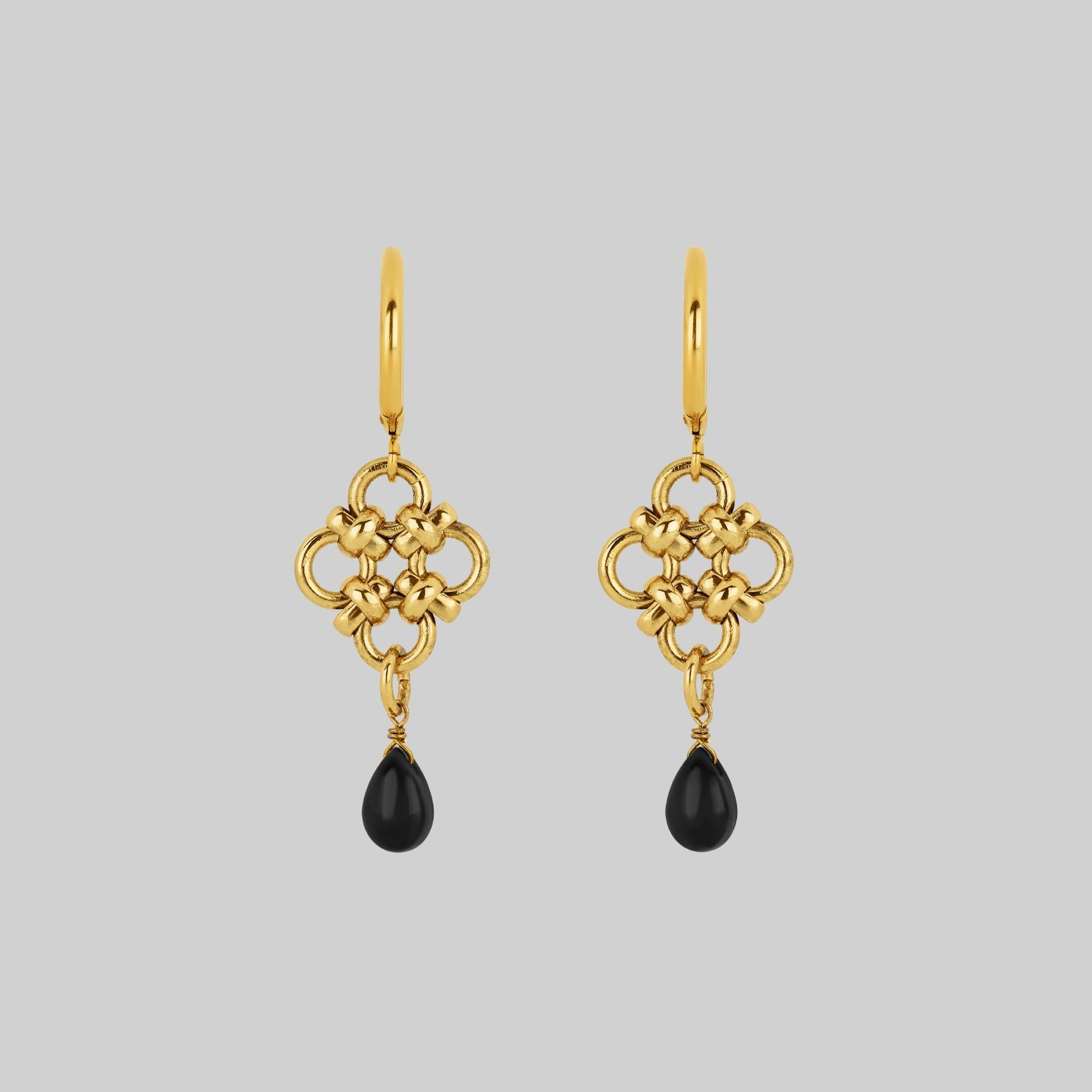 Gold gothic hoop earrings with black stone