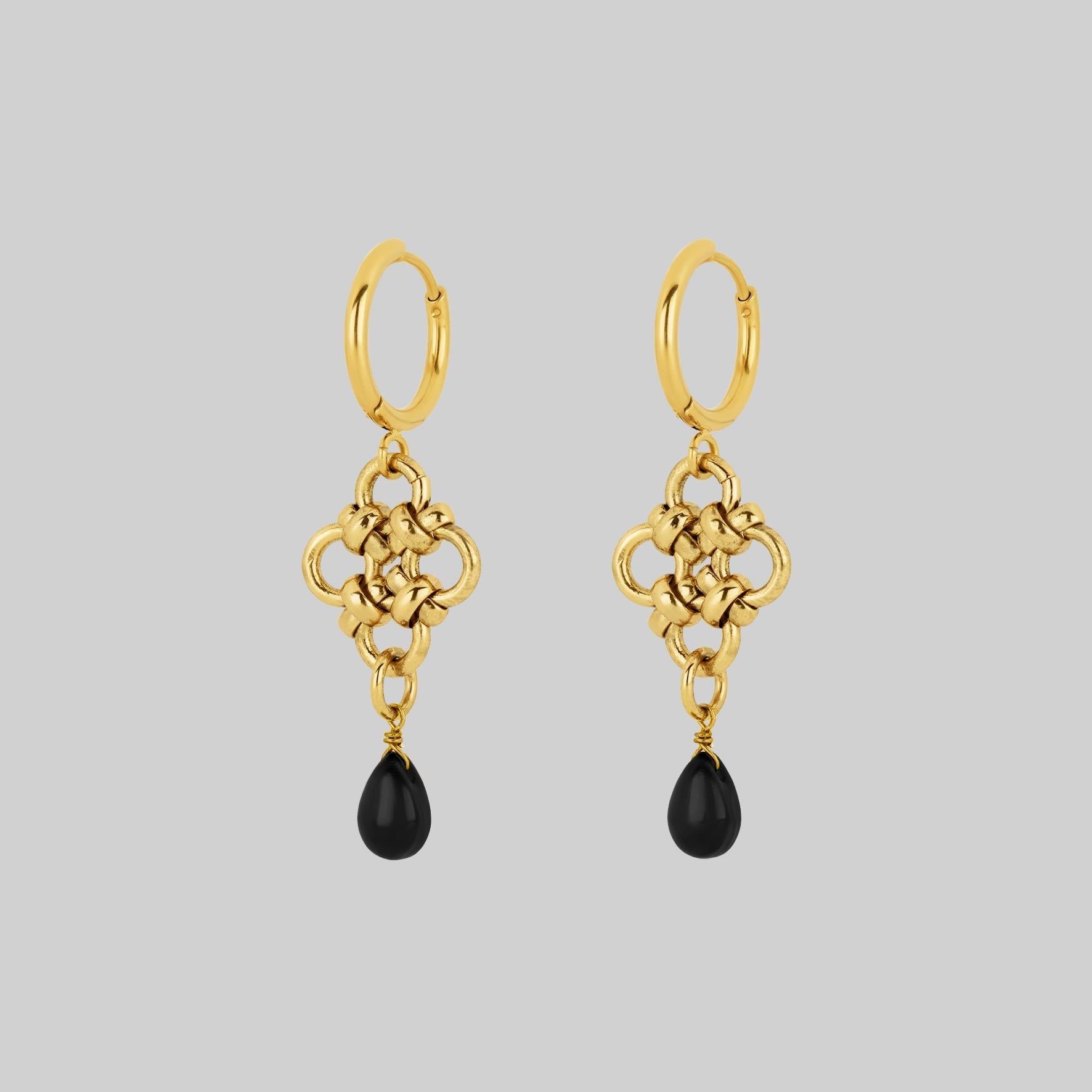Gold gothic chainmail hoop earrings black agate