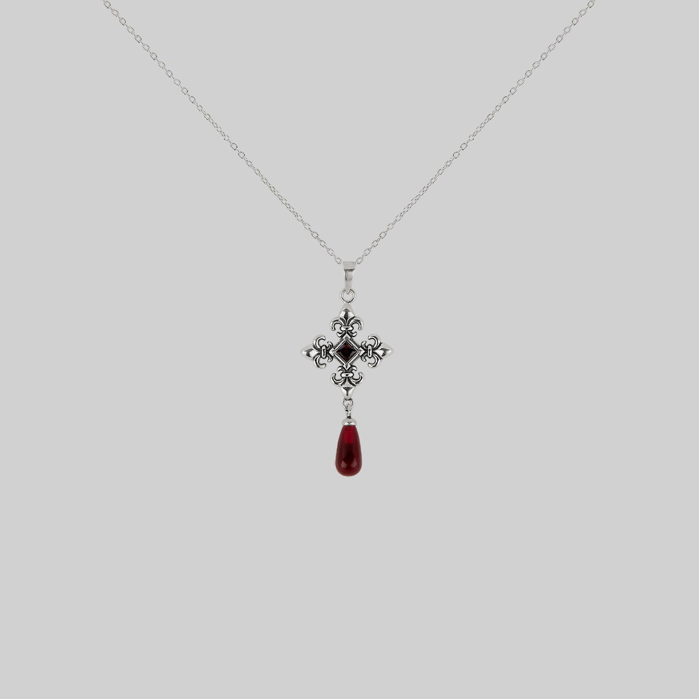 silver fleur-de-lis red glass garnet cross collar