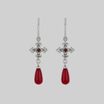 silver medieval cross garnet hoop earrings
