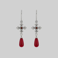 silver medieval cross garnet hoop earrings
