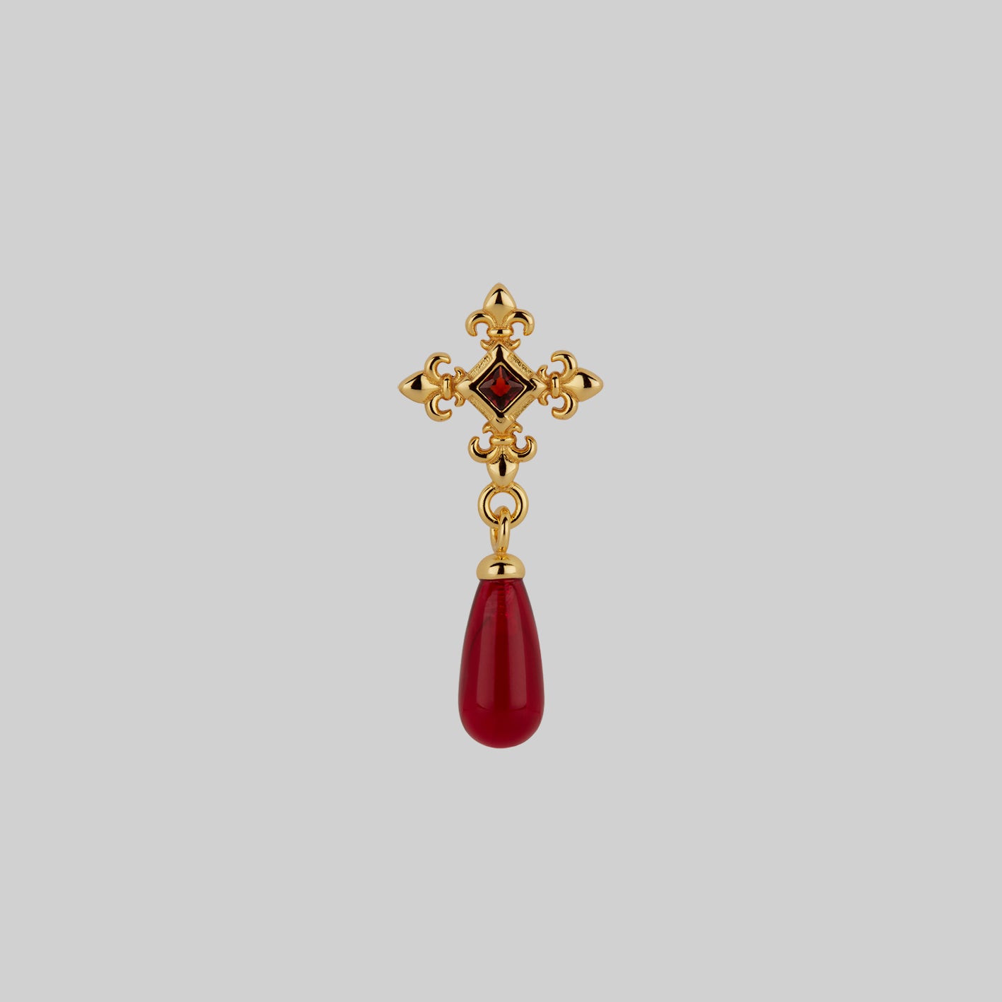 gold medieval cross red glass garnet stud earring
